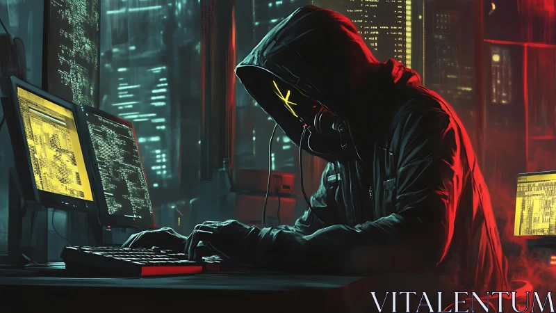 Neon-masked night hacker weaving code in burning shadows.