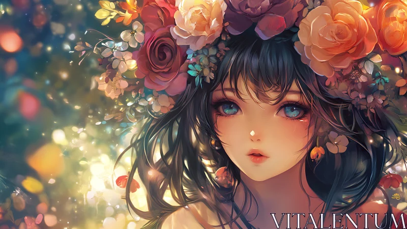 Floral-crowned dreamer with starlit eyes in soft bloomlight.