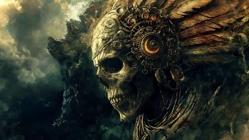 Mechanical skull profile integrates gears and feathered elements