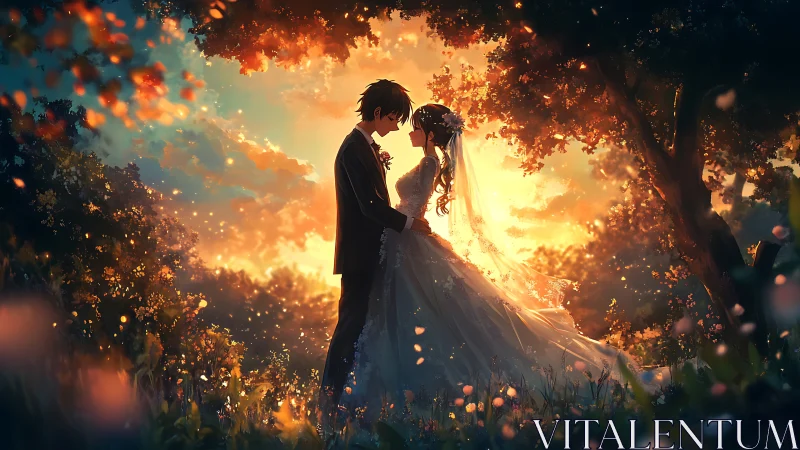 Sunset garden wedding couple share a tender embrace.