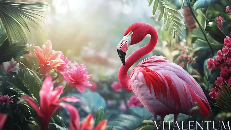 Digital flamingo portrait amid lush tropical flowers.