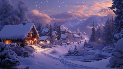 Snow covered village cabins at dusk in mountain valley.