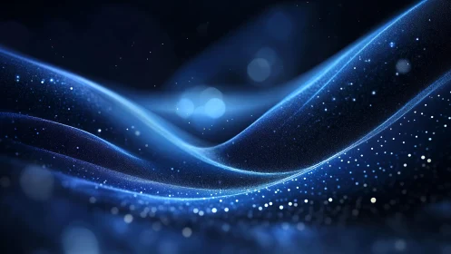 Abstract flowing blue waves with glowing particles digital art.