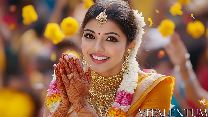 Smiling Indian bride in traditional wedding attire outdoors.