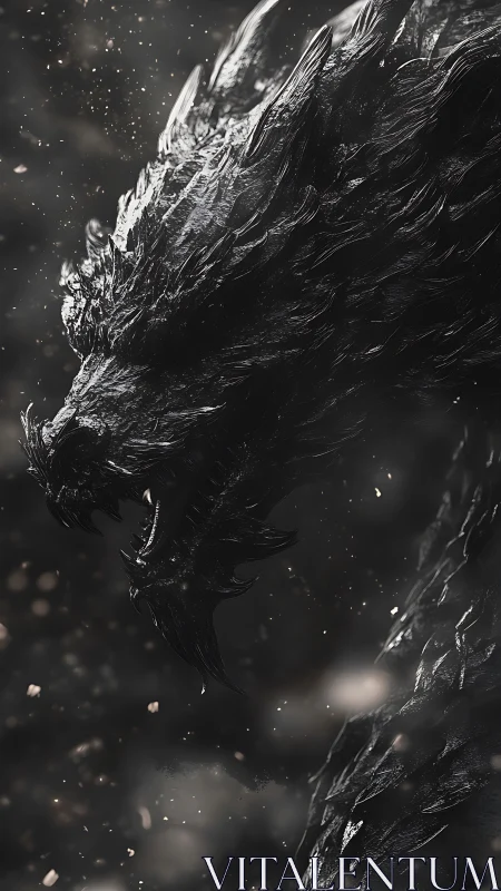 Shadow-forged dragon profile in dark cinematic stormscape.