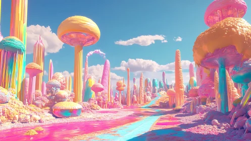 Surreal candy-colored landscape with tall organic forms.