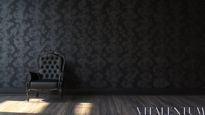 Black baroque armchair stands in dark minimalist interior