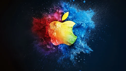 Colorful apple logo sits in a bold splash of digital paint