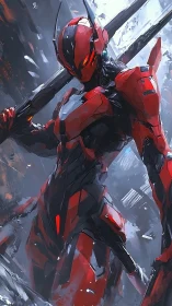 Scarlet mech sentinel leans forward, ready to cleave worlds