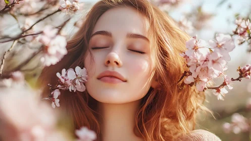 Soft-focus portrait captures serene woman amid blooming blossoms