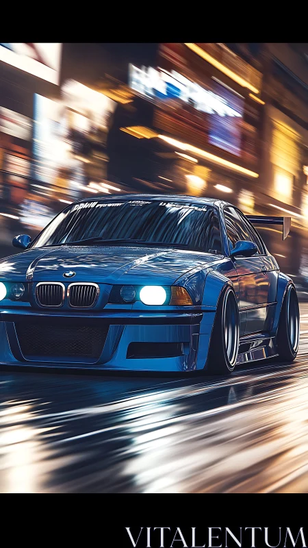 Blue modified BMW drifting through neon city streets.