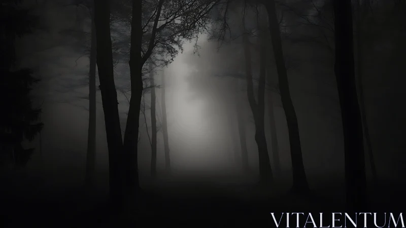 Backlit foggy forest corridor shapes dense nocturnal atmosphere