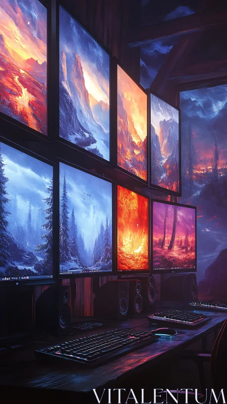 Multi-monitor gaming desk displays vivid digital landscapes