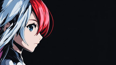 Quiet resolve in a half-red, half-white anime portrait.