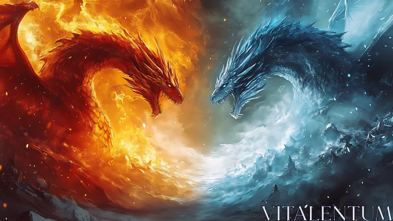 Fiery and icy dragons roar as swirling elements collide in battle