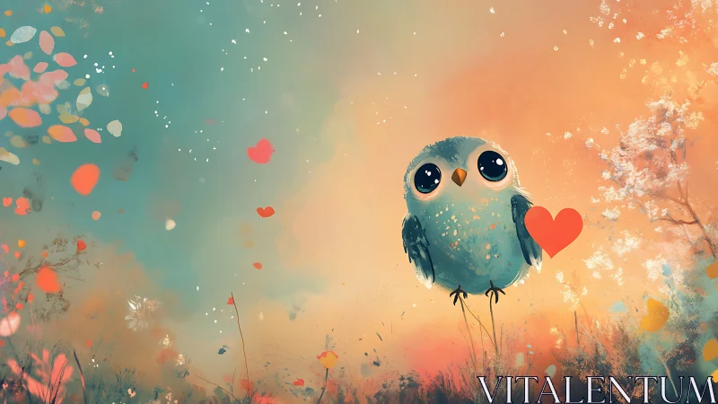 Sky-bright lovebird drifting through pastel heart breezes.