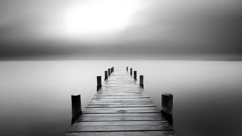 Symmetrical wooden pier extends into high-key monochrome horizon