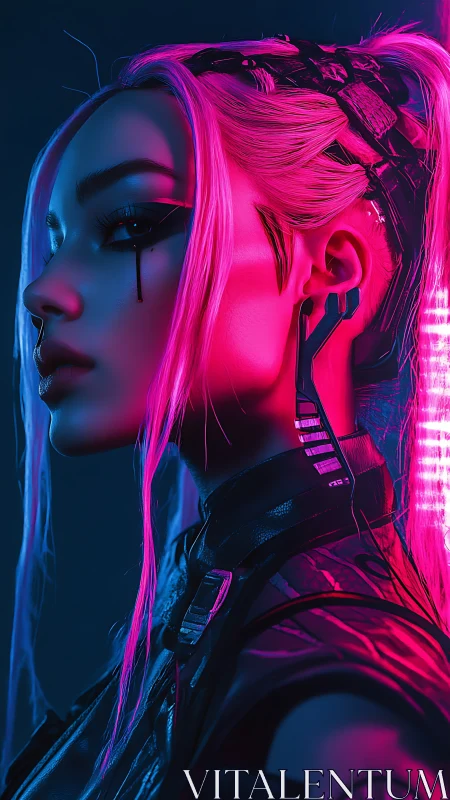 Cybernetic woman in neon pink and blue rim lighting profile