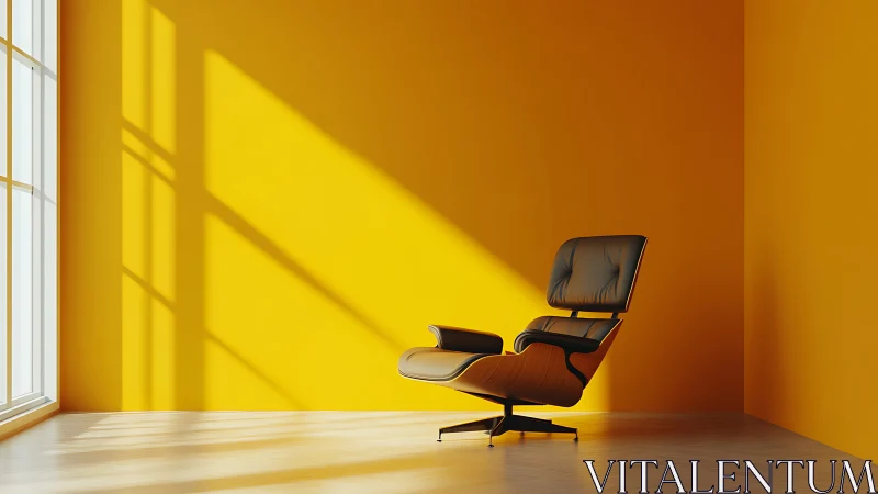 Midcentury lounge chair in sunlit monochrome ochre interior