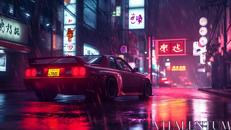 Modified coupe on wet neon street in nighttime cityscape.