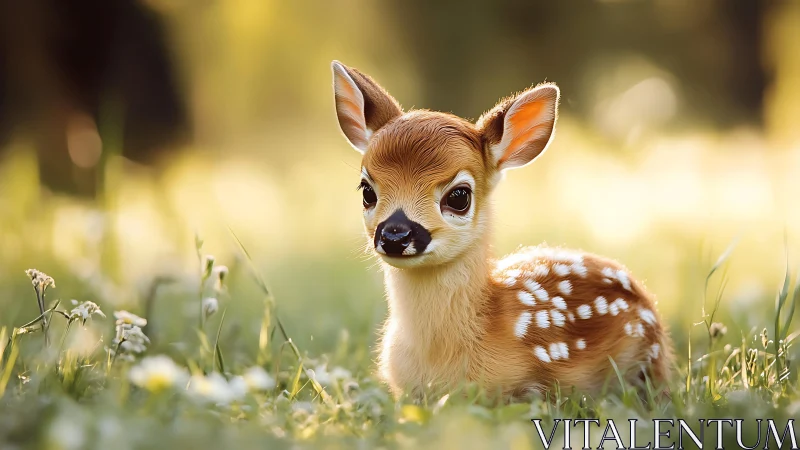 Photorealistic fawn resting in sunlit meadow close-up.