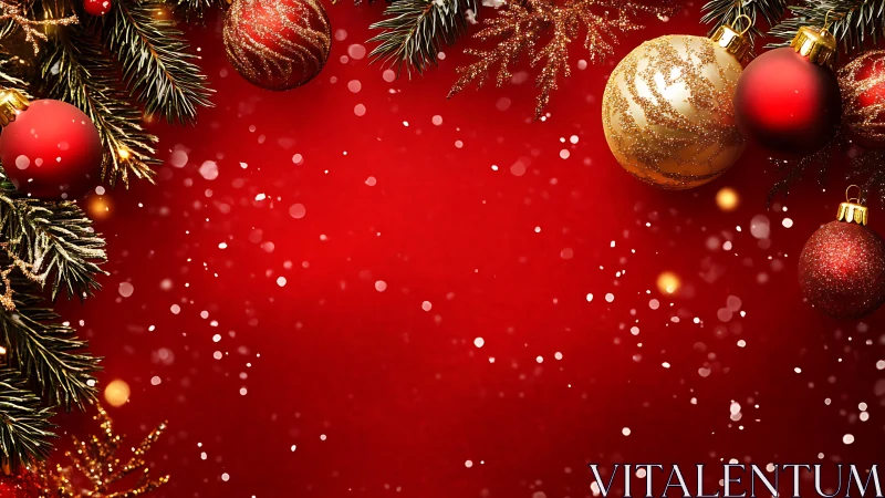 Festive red backdrop with gold ornaments and fir branches.