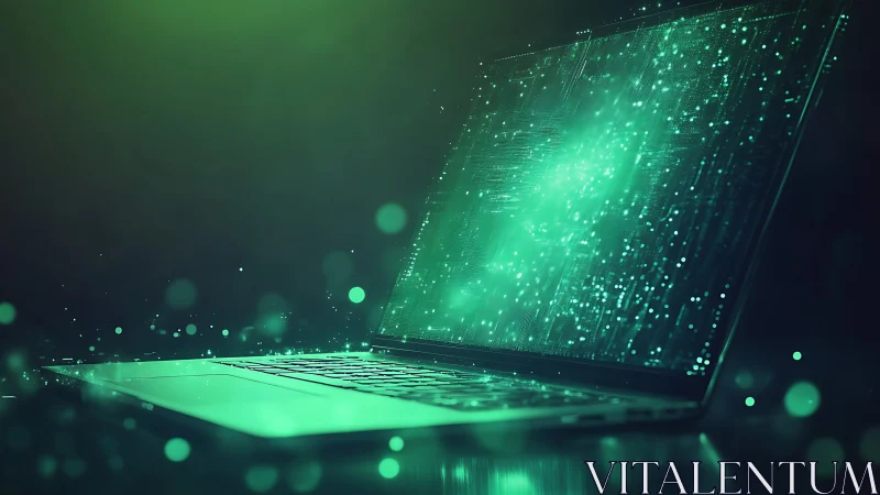 Open laptop displaying abstract green digital particle field.