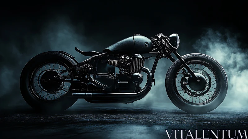 Custom black cafe racer motorcycle on dark studio background.