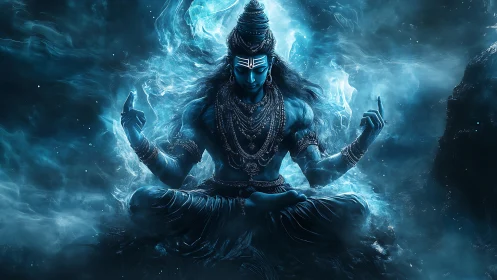 Divine blue deity in meditative cosmic energy field.