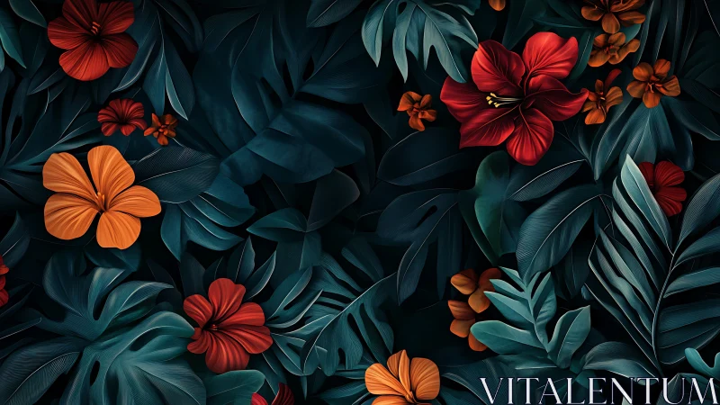 Dark tropical foliage with red and orange hibiscus flowers.