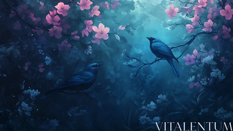 Bioluminescent blue songbirds amid twilight cherry blossoms