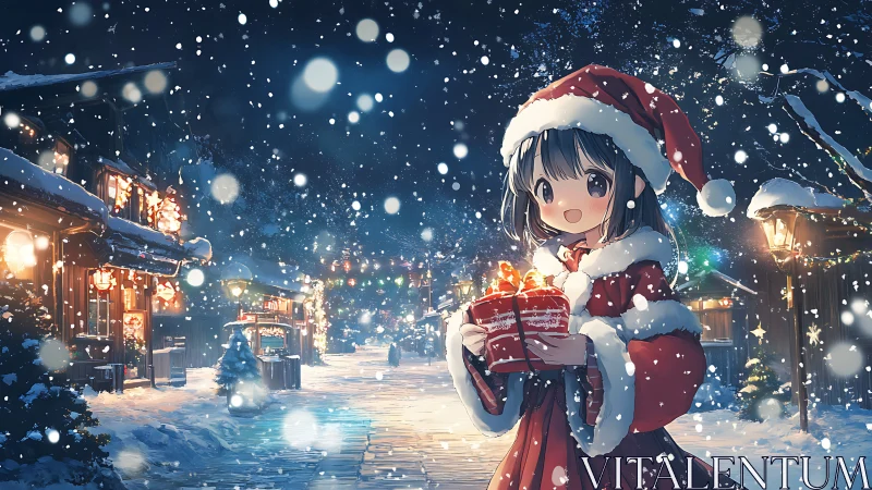 Snowy village girl shares a glowing Christmas gift with joy