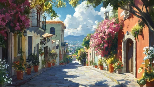 Sunlit Mediterranean lane with flowers and distant hills.