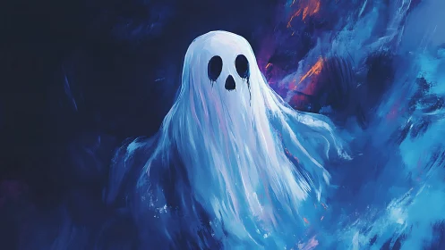 Blue ghost figure floating in dark swirling mist.