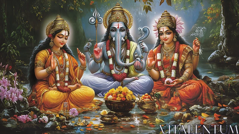 Divine Hindu deities in ornate woodland shrine with offerings.