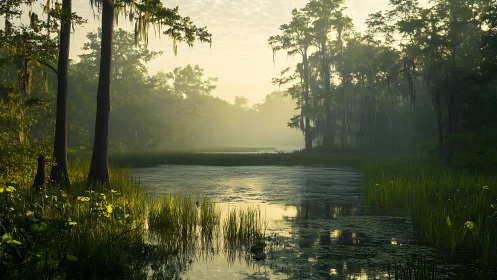 Photorealistic misty cypress wetland with reflective water surface.
