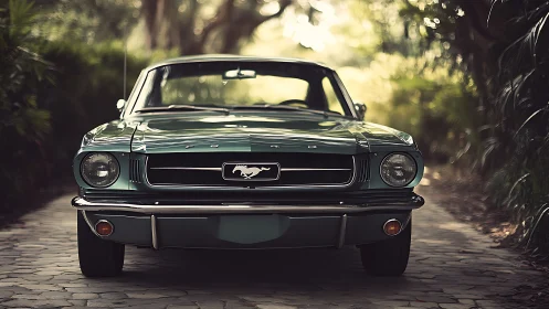 Classic green Mustang front view on sunlit driveway.