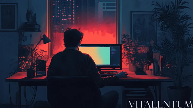 Night coder at neon window forging colors from code.