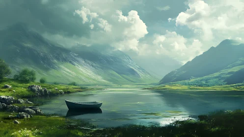 Rowboat on calm lake surrounded by green mountain valley.