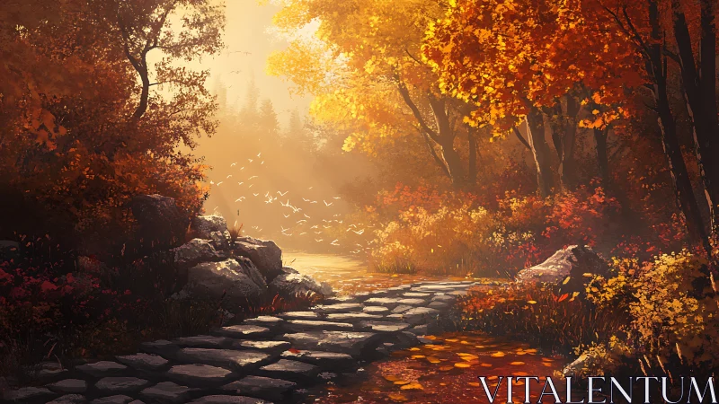Golden Autumn Path Through an Enchanted Forest Sanctuary.