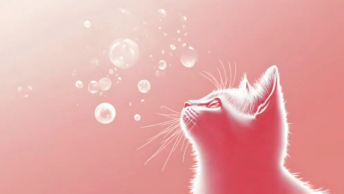 White Cat Chasing Soap Bubbles Against Pink Background.