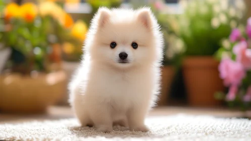 Small cream-colored puppy stands on carpet in soft daylight