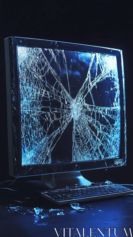 Shattered computer monitor glows cold blue in dark studio