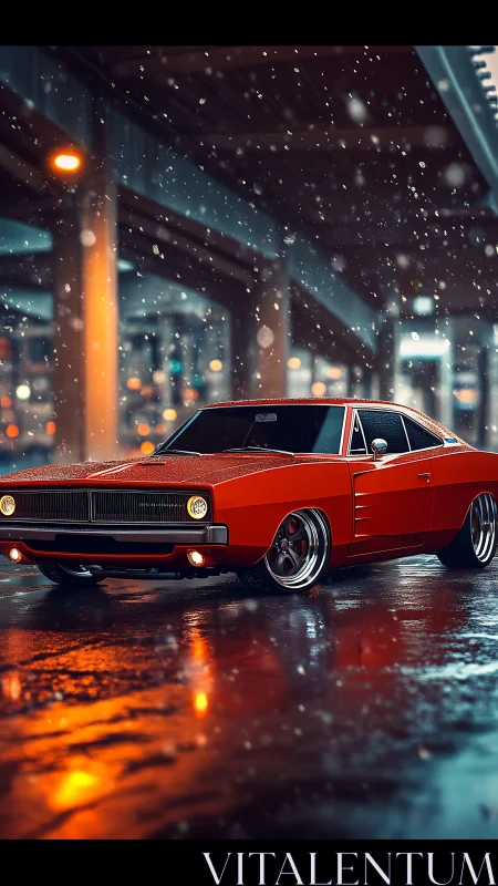 Muscle car prowls slick city streets beneath drifting snow