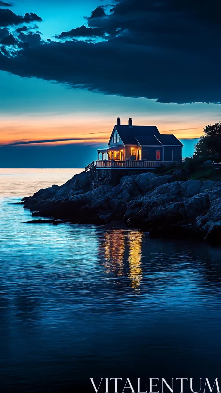 Coastal Victorian House Illuminated During Twilight Transition Over Rocky Seascape