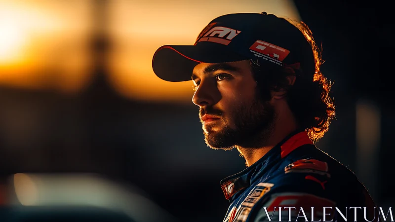 Backlit motorsport portrait under golden hour rim lighting.