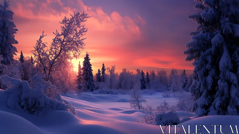 Winter forest sunrise ignites snow-laden trees in violet glow.