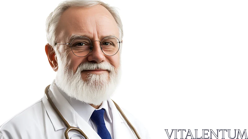 Senior doctor smiles confidently in white medical coat.