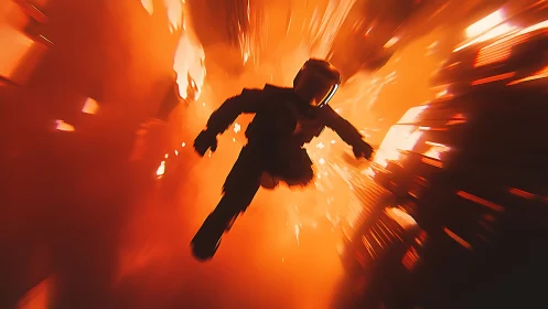 Silhouetted figure erupts through blazing orange inferno.