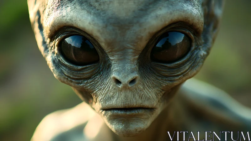 Photorealistic alien portrait with reflective black eyes.